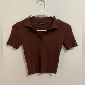 ZARA Brown Basic Knit Short-Sleeve Cropped Polo Shirt Y2K Grunge